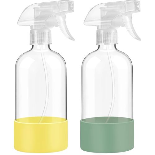 Glass Spray Bottles with Silicone Sleeve Protection, 16 oz 2 Pack, Reusable Spray Bottles with Adjustable Nozzle for Hair, Cleaning Solutions, Plants, Pale Yellow&Mint Green