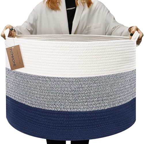 Large Cotton Blanket Basket,22"x22"x14" Rope Basket for Living Room Baby Laundry with Handle Nursery Soft Storage Comforter Cushions Thread Hamper
