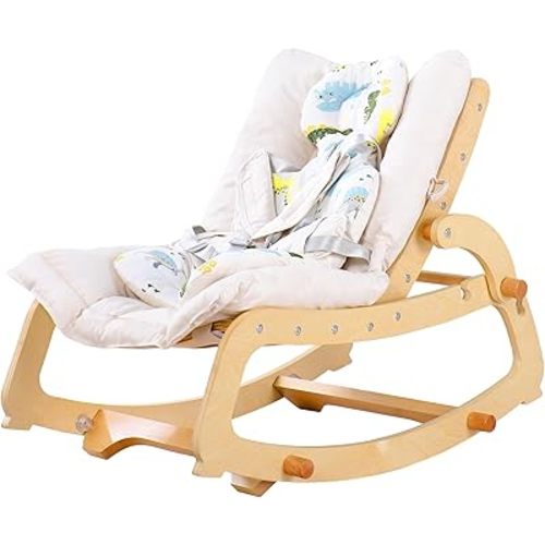 3-in-1 Baby Rocker Chair with Double Cushions, for 0-12 Months, Adjustable Wooden Infant Rocker with Removable Cushion and 5-Point Harness for Infant to Toddler (Beige)