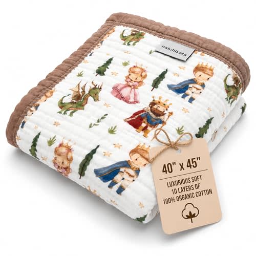 Organic Cotton Muslin Baby Blanket for Boys and Girls - Luxurious Soft Toddler Quilt for Swaddling - Gender Neutral Blanket - Baby and Toddler Gift - Princess Dragon Fairy Tale