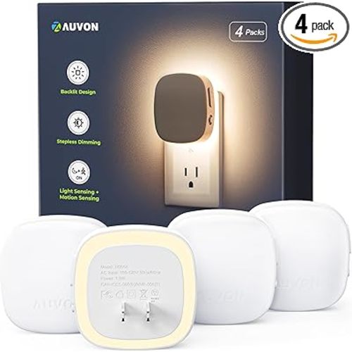 AUVON Plug-in LED Backlit Night Light with Motion Sensor & Dusk to Dawn Sensor, Dimmable Warm White Nightlight with 1-50 lm Adjustable Brightness for Bedroom, Bathroom, Stairs, Hallway (4 Pack)