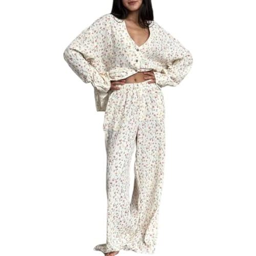 codcm Womens Floral Print Loungewear Sets Cotton Gauze Pjs Button Down Shirt and Wide Leg Pants Outfits