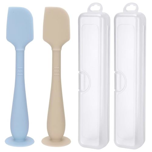 2 Pack Diaper Cream Spatula with Hygienic Travel Case, Butt Spatula Baby with Suction Base, Baby Butt Paste Spatula, Soft Silicone Diaper Rash Cream Applicator Large Size (Blue & Offwhite)
