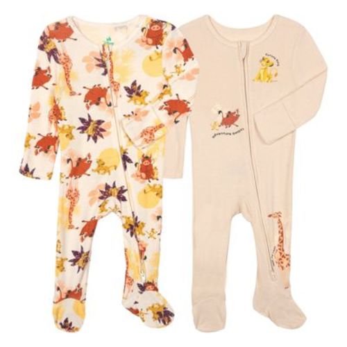 Disney Lion King Baby Boys' 2-Pack 2-Way Zip-Up Ribbed Footed Sleeper Coveralls with Scratch Mitts Simba Safari Ivory 12 Months