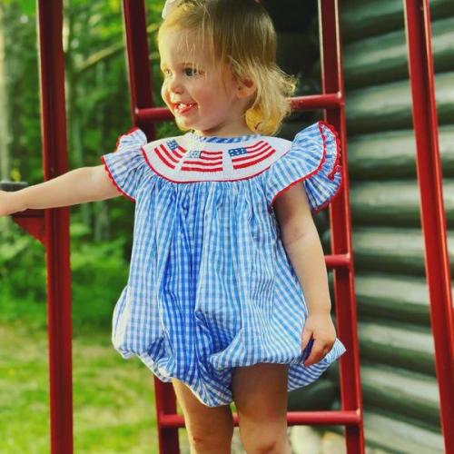 Flag Smocked Girl's Bubble Romper in light blue gingham -  American Flag, 4th of July, Memorial Day, Army Navy Marine Graduation, 307 *B
