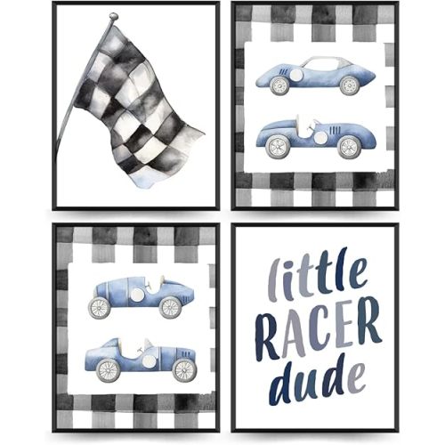 ETVISO Boys Room Decor, Race Car Room Decor, Playroom Decor, Little Racer Dude Wall Art for Boys Room Decor, Buffalo Plaid Racing Posters, Toddler Boy Room Decor, 8x10 Inch Set of 4 Unframed