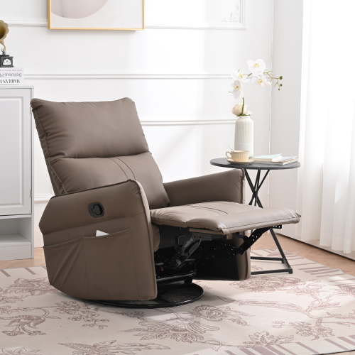 Dinosisco Swivel Glider Rocker Recliner, Home Theater Lounge Chair, Brown Faux Leather