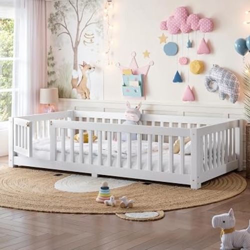 Bellemave Twin Size Floor Bed Frame with Fence and Door for Kids, Montessori Floor Bed with Slats and Safety Guardrails,Solid Wood Twin Bed Frame for Girls Boys,White