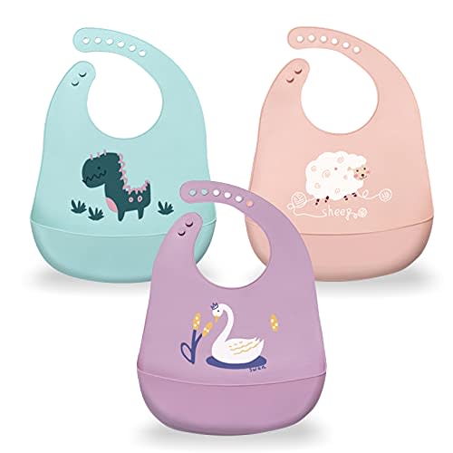 Silicone Baby Bibs with Food Catcher (Set of 3) - BPA Free Plastic, Durable and Adjustable Bib - Silicone Bibs for Babies, Toddlers, Boys, and Girls