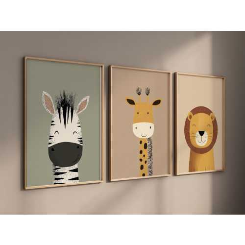 Safari Animal Nursery Prints, Boho Jungle Art, Set of 3