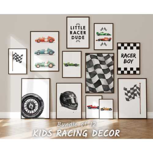 12 Racing Car Prints, Race Car Gifts for Boys Wall Art, Vintage Vehicle Posters