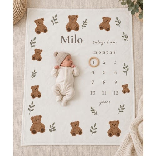 Personalized Teddy Bear Milestone Blanket, Baby Boy Monthly Milestone Blanket, Custom Name Vintage Bear Baby Blanket, Baby Shower Gift
