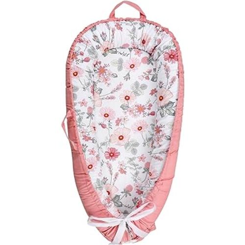 DILIMI Baby Lounger for Newborn, 100% Breathable Cotton Floral Baby Nest Cover for Reversible Portable Baby Nests, Adjustable Cosleeping Baby Lounger Nest (Pink)