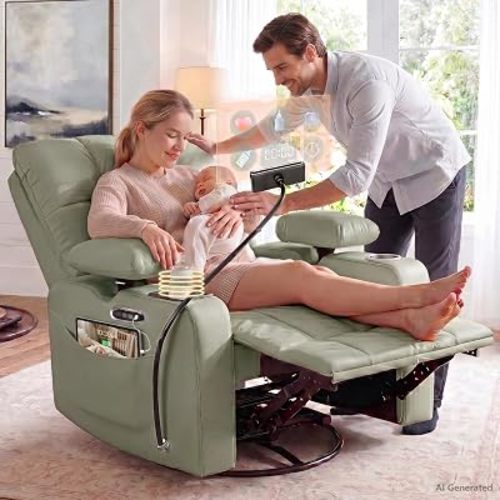 Power Nursery Glider Recliner Rocking Chair w/Adjustable Armrests, Adjustable Armrest Backrest Headrest, Green Leather Reclining Nursing Living Room Chair for Breastfeeding Bedroom