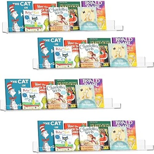 36 Inches Clear Acrylic Floating Shelves Wall, Bookshelf for Kids, Nursery Book Shelves, Magazine Rack, Picture Ledge Shelf for Photo Frames Vinyl Records, Pack of 4