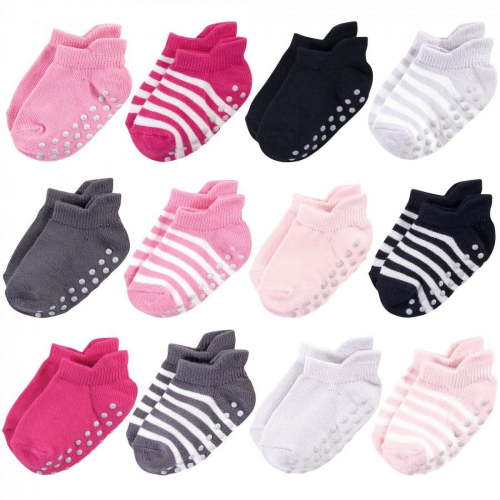 Touched by Nature: Organic Cotton Socks for Baby Girl with Non-Skid Gripper, Pink Black, 6-12 Months