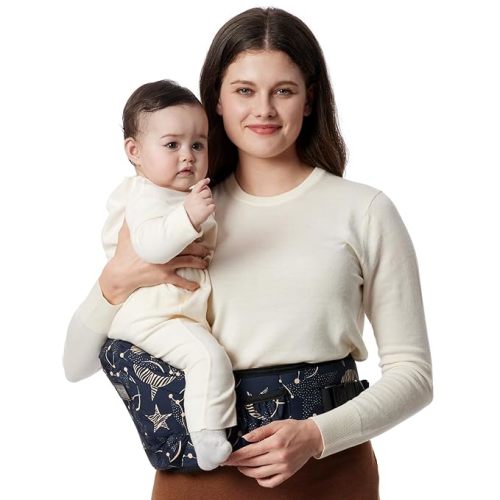 Momcozy Hip Seat Baby Carrier - Adjustable Waistband with Original 3D Belly Protector, Ergonomic Carrier with Various Pockets for Newborns & Toddlers up to 45lbs (Starry Sky, Medium)