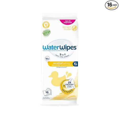 WaterWipes Sensitive+ Bathing Wipes, 3-In-1 Cleans, Cares, Protects, 99.9% Water, Unscented & Hypoallergenic, 16 Count (1 Pack)