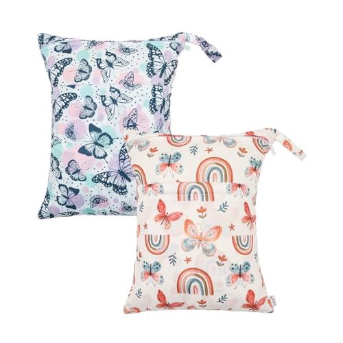 ALVABABY 2 pcs Cloth Diaper Wet Dry Bags Waterproof Reusable with Two Zippered Pockets Travel Beach Pool Daycare Soiled Baby Items Yoga Gym Bag for Swimsuits or Wet Clothes 2LM26