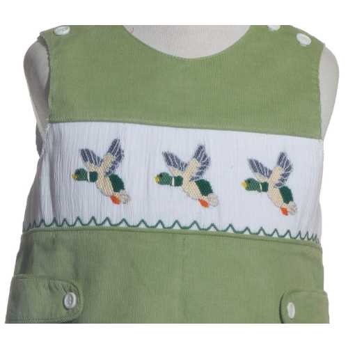 Sage Green Corduroy Mallard Smocked Boy Long Overall