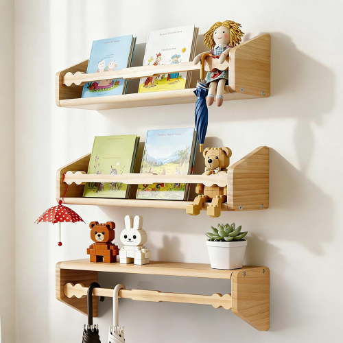 Nursery Floating Book Shelves for Wall Set of 3, 15.7 Inch Solid Pine Natural Wood Hanging Bookshelf for Kids Room, Decoration for Bedroom Kitchen Bathroom Playroom