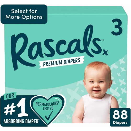 Rascals Premium Diapers Size 3, 88 Count