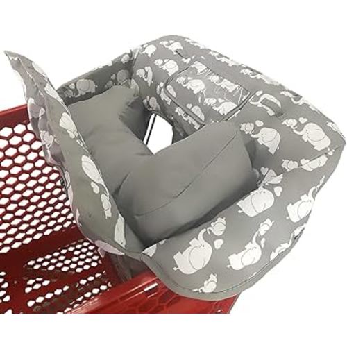 Soft Pillow Attached 2-in-1 Shopping Cart and High Chair Cover for Baby~Cotton Padded~Fold'n Roll Style~Portable with Free Carry Bag (Elephant)
