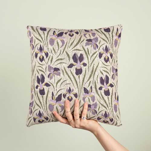 Woven Iris Flower Throw Pillow Grandmillennial Couch Cushion Arts and Crafts Floral Home Decor Cottagecore Botanical Pillow Neutral Lavender
