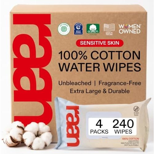 Raan Baby Wipes, 100% Cotton, Unbleached, EWG Verified, 99% Water, 240 Ct