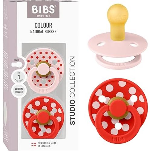 BIBS Polka Dots Pacifier 2-Pack, BPA Free Pacifiers with a Round Latex Nipple, Made in Scandinavia, Size 1 (0-6 Months), Blossom/Candy Apple