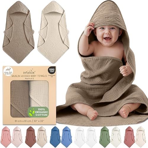 100% Organic Cotton Muslin Hooded Baby Towels 2 Pack 81 X 81 CM Shower Towel Soft Breathable Lightweight Quick Dry Gentle On Baby Skin for Newborns and Infants