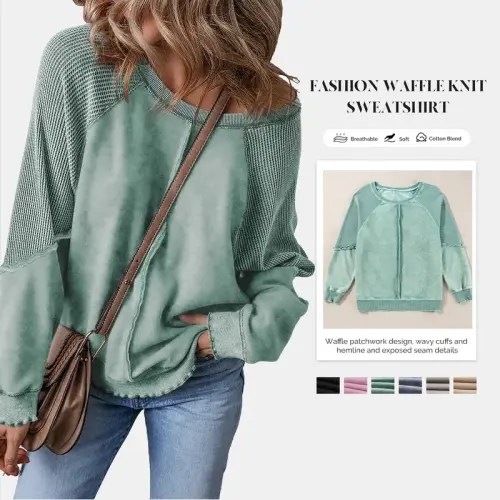 SHEWIN 2025 Women's Fall Clothing Cotton Waffle Knit Sweatshirt | Black Friday Sale TikTok Shop
