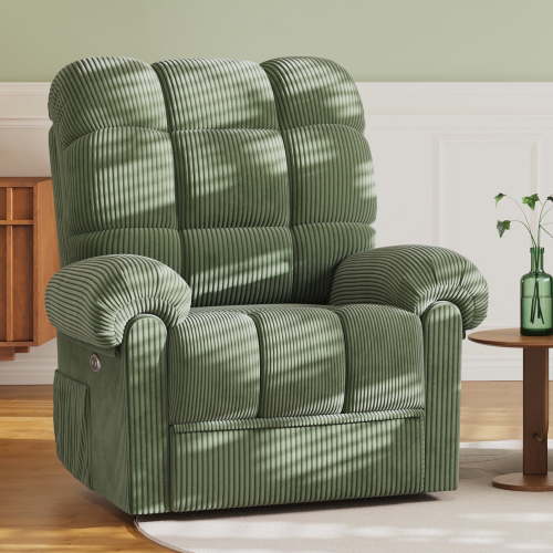 Recliner Chair,Corduroy Electric Recline Sofa Chair for Adults with USB Port,Comfy Corduroy Adjustable Cloud Sofa,Tool-Free Setup,Green