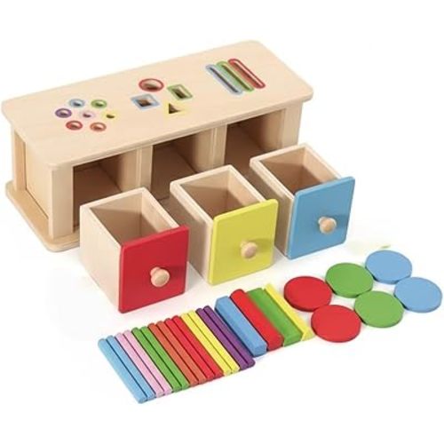 Montessori Wooden Activity Cube - Color Sorting Shape Sorter with Permanent Object Box, Coin Slot & Drawer | Educational Sensory Toy for Kids