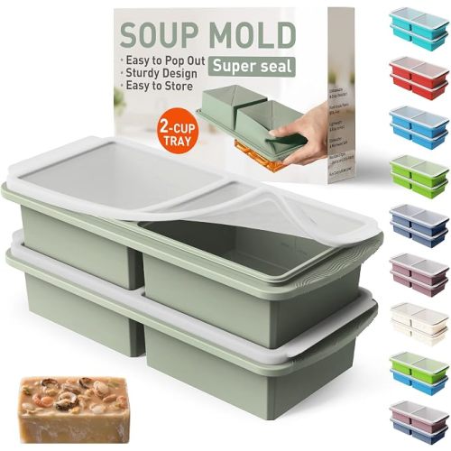 Silicone Freezer Tray with Lid Soup Freezer Container Molds with Steel Reinforced Rim Ice Cube Freezer Molds for Soup, Sauce, Leftovers, Homemade Meal Prep Containers Moldes De Silicona