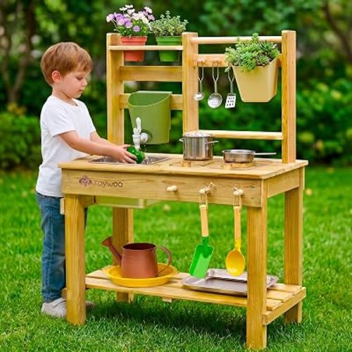 Toywoo Waterproof Mud Kitchen for Kids Outdoor, Wooden Play Kitchen with Working Faucet & 2 Stainless Steel Sinks, Pretend Cooking & Gardening Toy, Perfect Outdoor Gift for Boys Girls Ages 3+