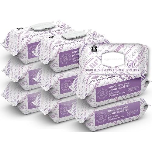 Amazon Elements Baby Wipes, Sensitive, Unscented, Cleans Gently, 810 Count, Flip-Top Packs, Pack of 9