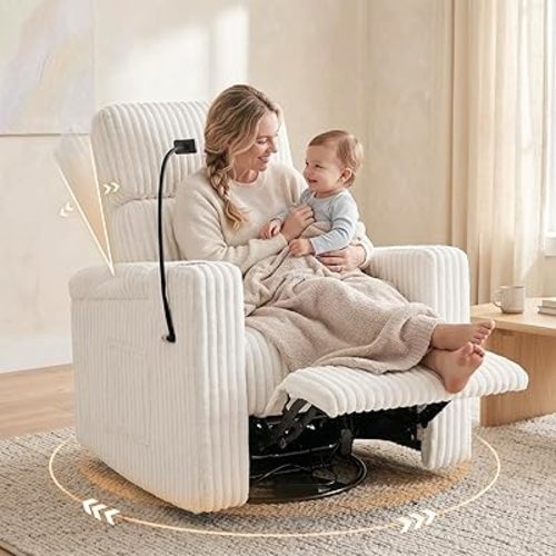 Power Recliner Chair Swivel Glider Rocking Chair Nursery Skin-Friendly Electirc Rocker Nursery Chair with Phone Holder, Hidden Storage, USB Charging, Corduroy Beige