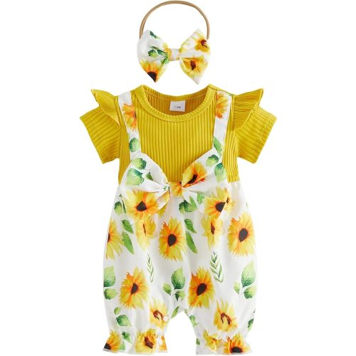YINGISFITM Newborn Baby Girl Summer Clothes Short Sleeve Bubble Romper Bow Shorts Jumpsuit Infant Outfit 0 3 6 9 12 18 Months
