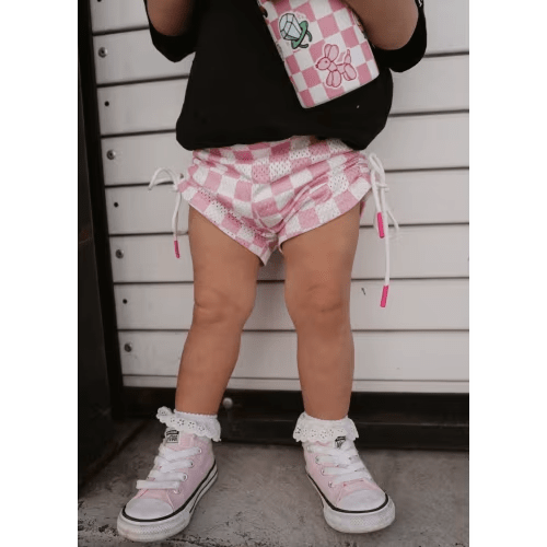 Little Trouble Pink Checkered Girls Mesh Shorts