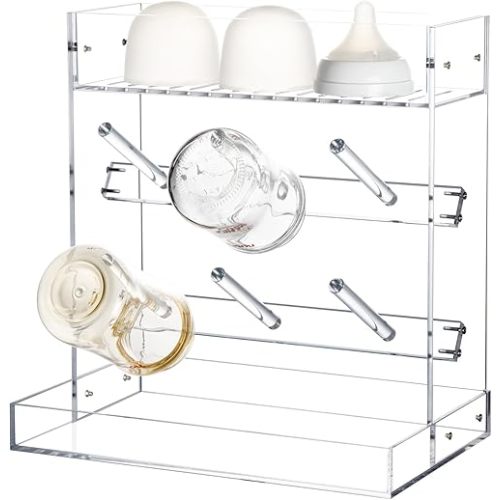 Baby Bottle Drying Rack Space Saving Vertical Acrylic Stand with Drip Tray – Clear Countertop Organizer for Bottles, Baby Accrssories – Fast Drying and Easy Cleanup - 10.3 x 6.3 x 10.6 in