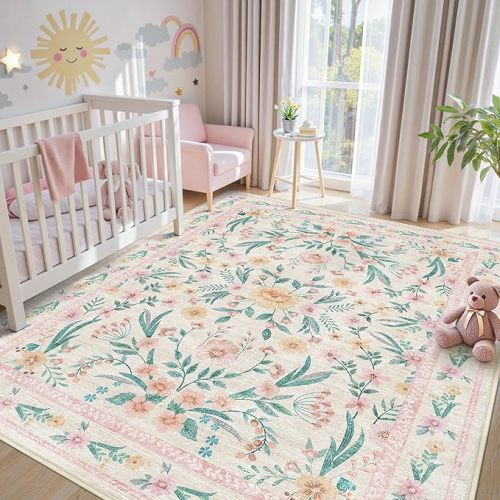 5x7 Pink Floral Nursery Rug,Pink Rugs for Bedroom Girls,Machine Washable Non Slip Soft Faux Wool Carpet,Cute Boho Indoor Area Rugs for Kids Room or Playroom