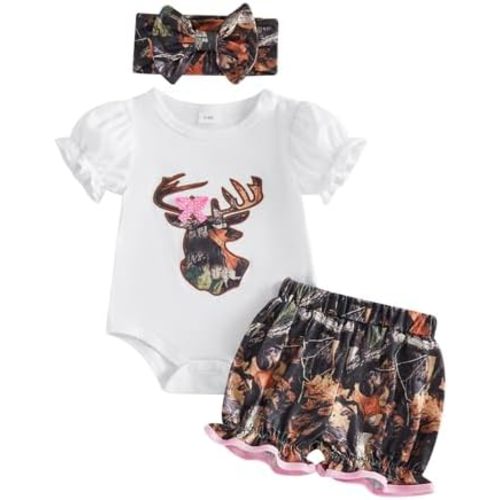 Newborn Baby Girl Hunting Clothes Deer Puff Short Sleeve Romper Jungle Camo Shorts Headband Set 3Pcs Summer Outfit