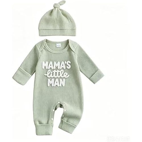 Newborn Baby Boy Fall Outfit Romper Letter Embroidery Long Sleeve Jumpsuit Bodysuit Infant Winter Waffle Clothes