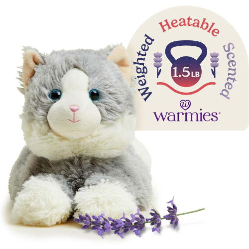 warmies 13” Gray Cat Stuffed Animal, Microwavable Heated Plushies and Weighted Soft Plush Toys