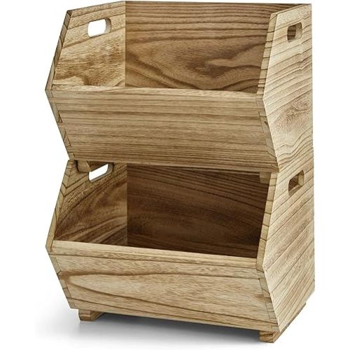 2 Pack Bamboo Stackable Storage Bin Wood Stackable Baskets Countertop Open Front Stacking Bins for Bread, Fruit, Vegetable