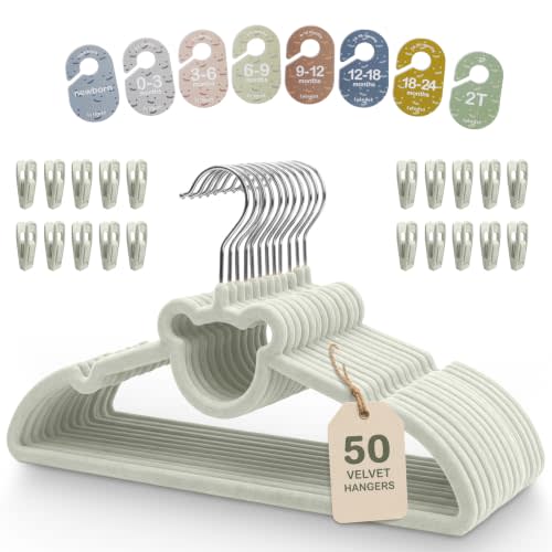 Velvet Baby Hangers with Clips & Size Dividers, 50 Pack | Organize baby clothes from newborn to 2T with 8 size dividers and 20 clips for outfits, pants, and growing wardrobes
