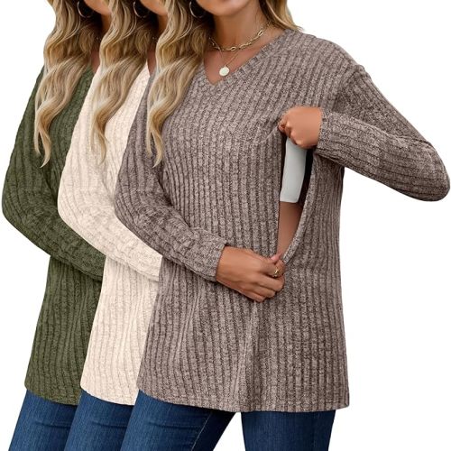 3 Pack Oversized Women's Maternity Nursing Tops Vneck Breastfeeding Sweaters Long Sleeve Hidden Zipper Shirt