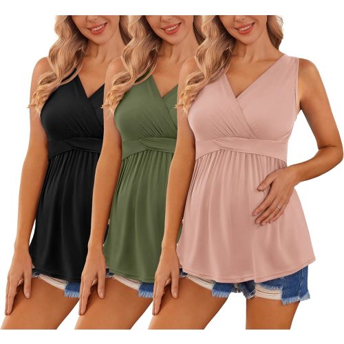 Ekouaer Women's Maternity Tank Tops 3 Packs Sleeveless Nursing Tops V Neck Breastfeeding Shirts Pregnancy Clothes