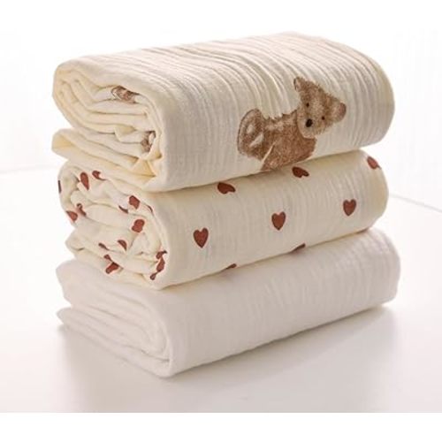 Swaddle Blankets for Newborn, 3 Pack Breathable Soft Receiving Blanket, Large 38 x 40 inches Swaddle Wrap Burping Clothes (3-piece Set (Bear + White + Heart))